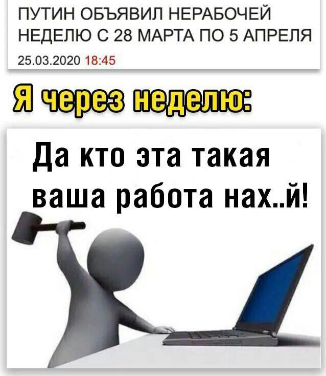 ПУТИН ОБЪЯВИЛ НЕРАБОЧЕЙ НЕДЕЛЮ С 28 МАРТА ПО 5 АПРЕЛЯ 25032020 1845 Да кто эта такая ваша работа нахй