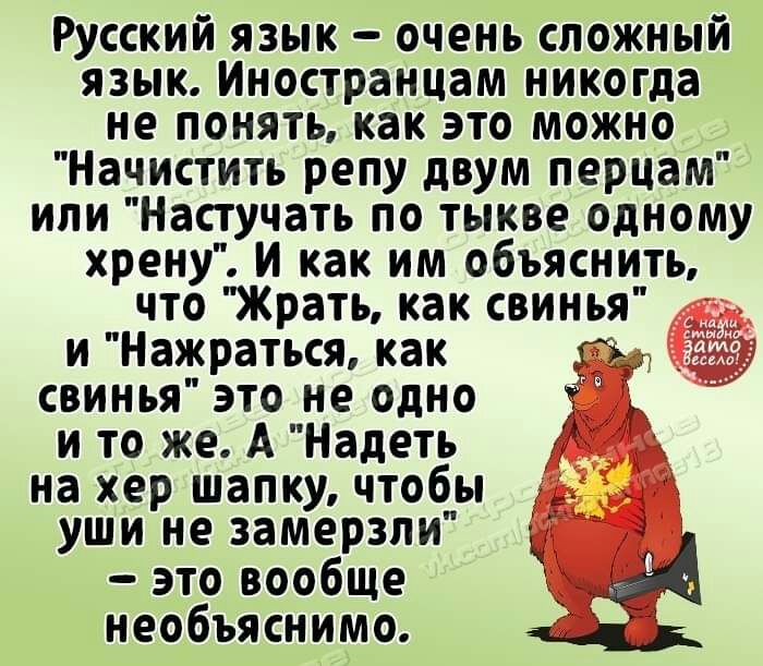 Русский язык очень сложный язык Иностранцам никогда не понять как это можно Начистить репу двум перцам или Настучать по тыкве одному хрену И как им объяснить что Жрать как свинья и Нажраться как свинья это не одно и то же А Надеть на хер шапкучтобы _ уши не замерзли д это вообще необъяснимо