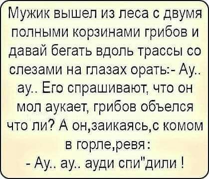 Мужик вышел из леса с двумя полными корзинами грибов и давай бегать вдоль трассы со слезами на глазах орать Ау ау Его спрашивают что он мол аукает грибов объелся что ли А онзаикаясьс комом в горлеревя Ау ву ауди спидили