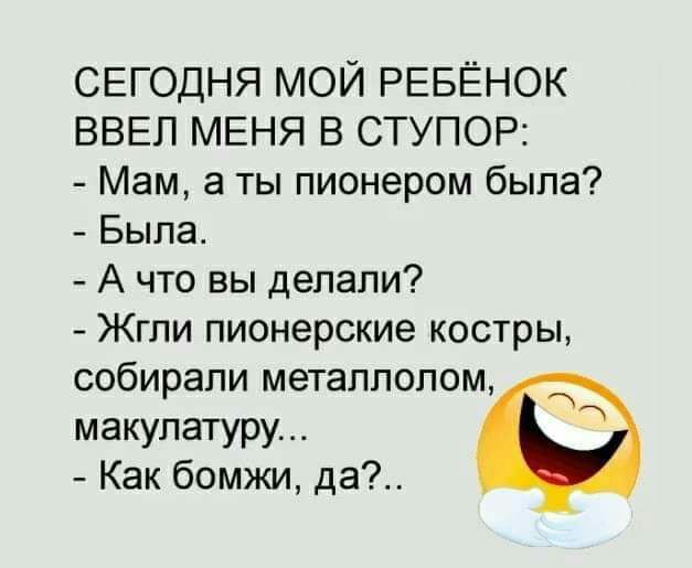 СЕГОДНЯ МОЙ РЕБЁНОК ВВЕЛ МЕНЯ В СТУПОР Мам а ты пионером была Была А что вы делали Жгли пионерские костры собирали металлолом макулатуру Как бомжи да