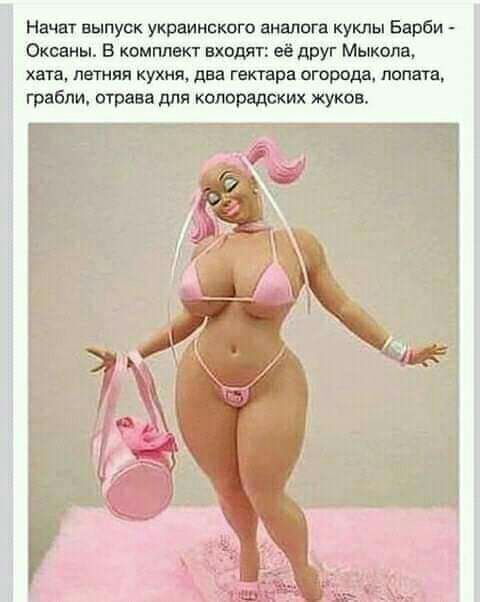 Начат выпуск украинского аналога куклы Барби Оксаны в комплект входят её друг Мыкола хата ЛЕТНЯЯ КУХНЯ два гектара огорода лопата грабли отрава для колорадских жуков
