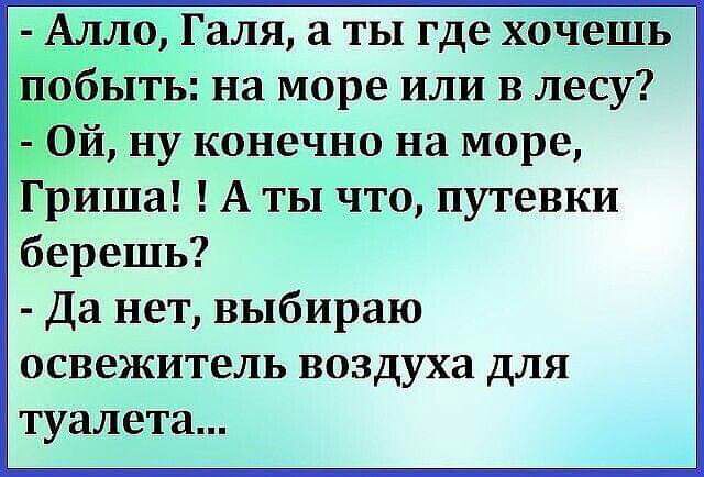 Аддо Галя а ты где хочешь вбить на море или в лесу _ Ой ну конечно на море Гриша А ты что путевки берешь Да нет выбираю освежитель воздуха для туалета