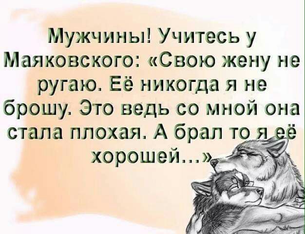 Мужчины Учитесь у Маяковского Свою жену не ругаю Её никогда я не брошу Это ведь со мной она стала плохая А брал т хорошей