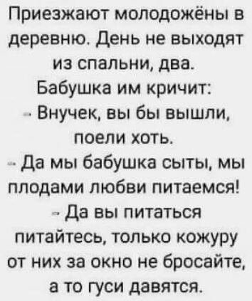 Приезжают молодожёны в деревню День не выходят из спальни два Бабушка им кричит Внучек вы бы вышли поели хоть Да мы бабушка сыты мы плодами любви питаемся Да вы питаться питайтесь только кожуру от них за окно не бросайте а то гуси давятся