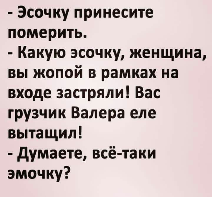 Эсочку принесите померить Какую эсочку женщина вы жопой в рамках на входе застряли Вас грузчик Валера еле вытащил думаете всё таки эмочку