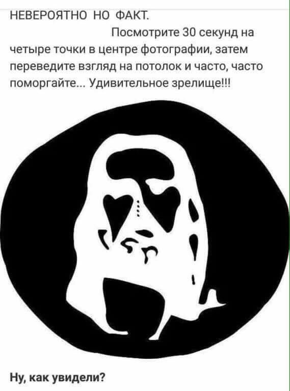 НЕВЕРОЯТНО НО ФАКТ Посмотрите 30 секунд на четыре точки в центре фотографии затем ПЕрЕВЕДИТе ВЗГЛЯД на ПОТОЛОК И ЧЭСТО часто поморгайте Удивительное зрелище Ну как увидели