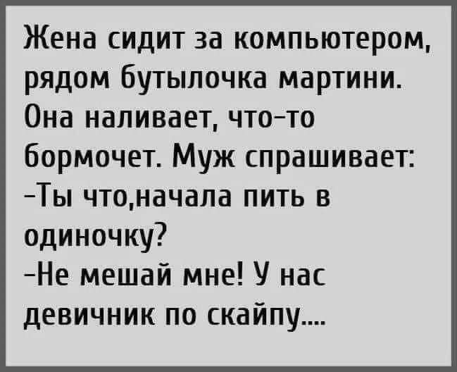 Жена сидит за компьютером рядом бутылочка мартини Она наливает чтото бормочет Муж спрашивает Ты чтоначала пить в одиночку Не мешай мне У нас девичник по скайпу