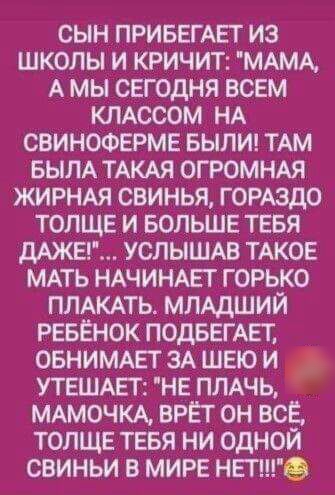 сын ПРИБЕГАЕТ из школы и кричит МАМА А мы сегодня всем КЛАССОМ НА свинофврме вылич ТАМ вым ТАКАЯ огромнш ЖИРНАЯ свинья ГОРАЗДО толще и БОЛЬШЕ ТЕБЯ дАЖЕ услышв ТАКОЕ МАТЬ НАЧИНАЕГ горько ПЛАКАТЬ ммдший РЕБЁНОК ПОДБЕГАЕТ овнимдвт ЗА швю и УТЕШАЕТ не ПЛАЧЬ мдмочкд ВРЁТ он всё толще тввя ни одной свиньи в мире ниш 9