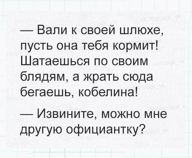 Вали к своей шпюхе пусть она тебя кормит Шатаешься по своим бпядям а жрать сюда бегаешь кобелина _ Извините можно мне другую официантку