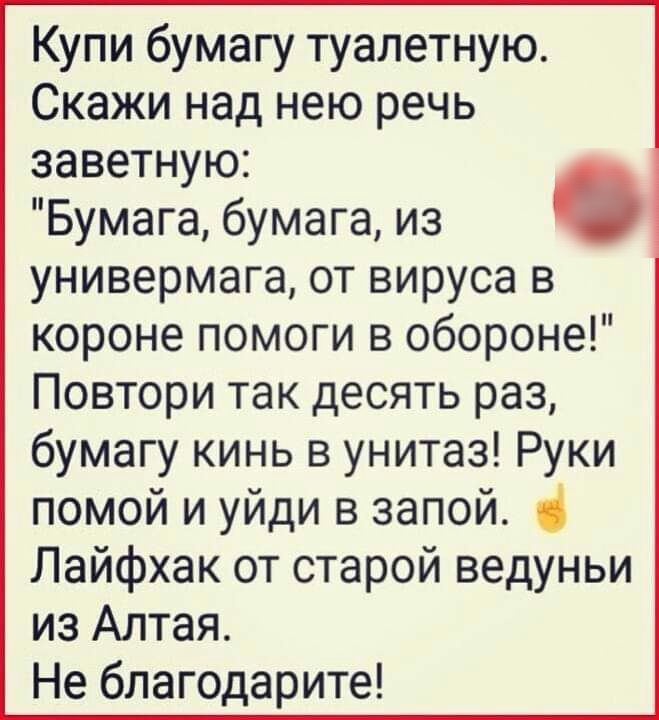 Купи бумагу туалетную Скажи над нею речь заветную Бумага бумага из универмага от вируса в короне помоги в обороне Повтори так десять раз бумагу кинь в унитаз Руки помой и уйди в запой Лайфхак от старой ведуньи из Алтая Не благодарите