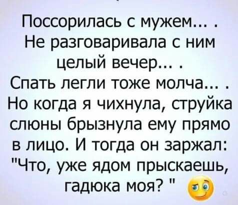 Поссорилась с мужем Не разговаривала с ним целый вечер Спать легли тоже молча Но когда я чихнула сгруйка слюны брызнула ему прямо в лицо И тогда он заржал Что уже ядом прыскаешь гадюка моя Ф