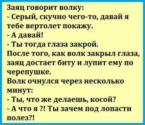 Заяц говорит волку Серый скучно чего то давай я тебе вертолет покажу А давай Ты тогда глаза закрой После того как волк закрыл глаза заяц достает биту и лупит ему по черепушке Волк очнулся через несколько минут Ты что же делаешь косой А что я Ты зачем под лопасти полез