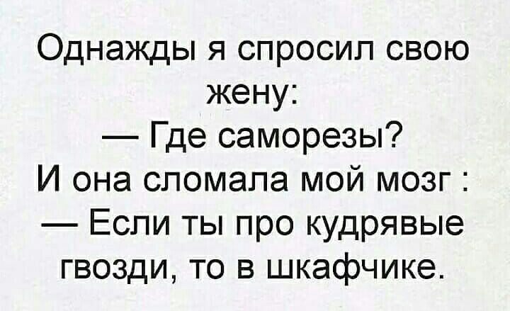 Однажды я спросил свою жену Где саморезы И она сломала мой мозг Если ты про кудрявые гвозди то в шкафчике