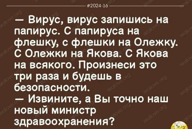 2024715 Вирус вирус запишись на папирус С папируса на флешку с флешки на Олежку С Олежки на Якова С Якова на всякого Произнеси это три раза и будешь в безопасности Извините а Вы точно наш новый министр здравоохранения