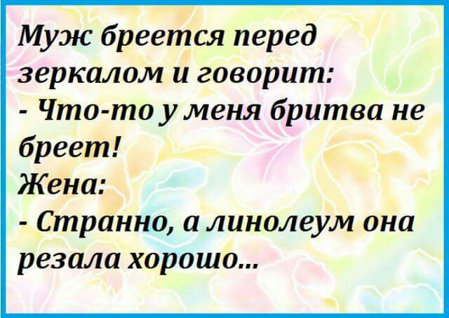 Муж бреется перед зеркалом и говорит Что то уменя бритва не бреет Жена Странно а линолеум она резала хорошо