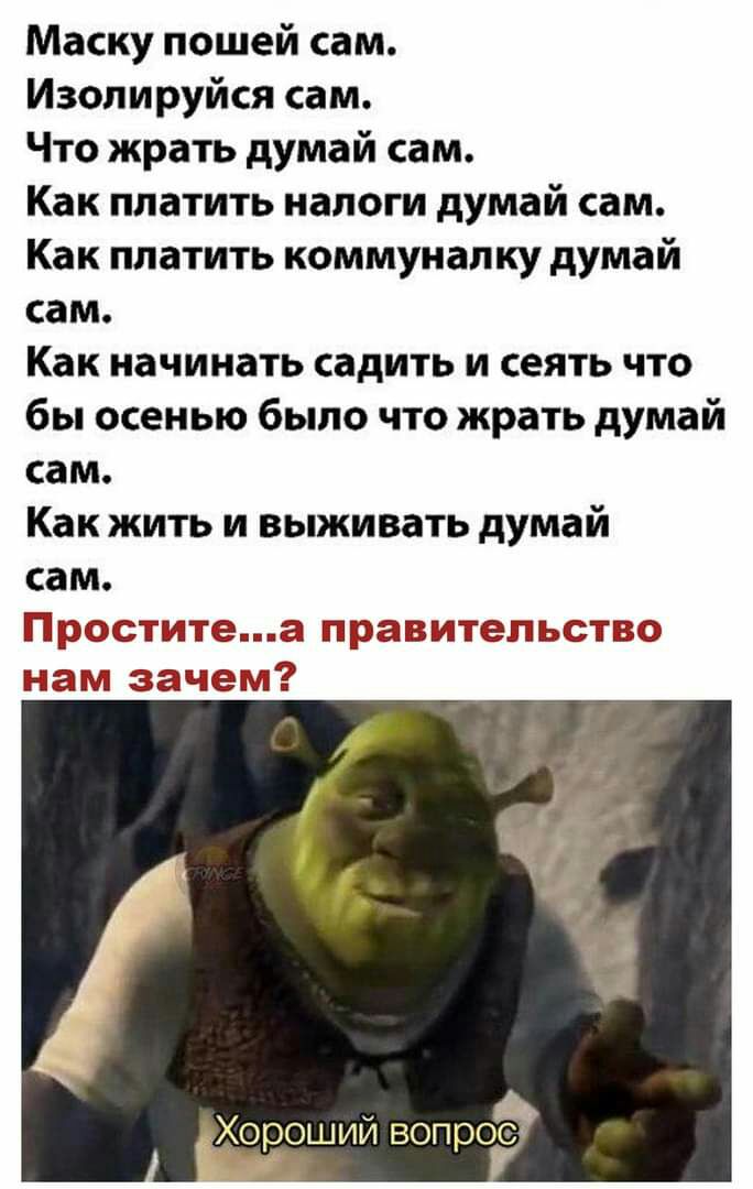 Маску пошей сам Изопируйся сам Что жрать думай сам Как платить налоги думай сам Как платить коммуналку думай сам Как начинать садить и сеять что бы осенью было что жрать думай сам Как жить и выживать думай сам Щаеэститепма нравитевпьств нам зачема Хороший вопрос