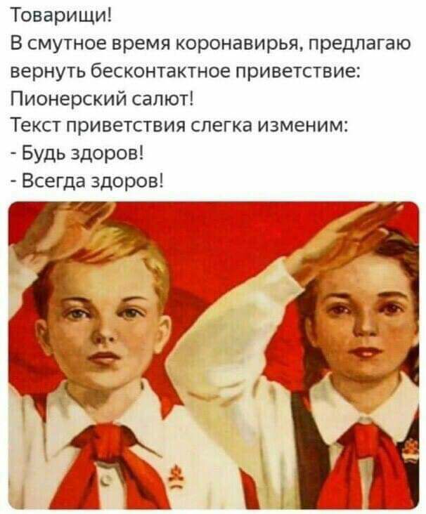 Товарищи В смутное время коронавирья предлагаю вернуть бесконтактное приветствие Пионерский салют Текст приветствия слегка изменим Будь здоров Всегда здоров