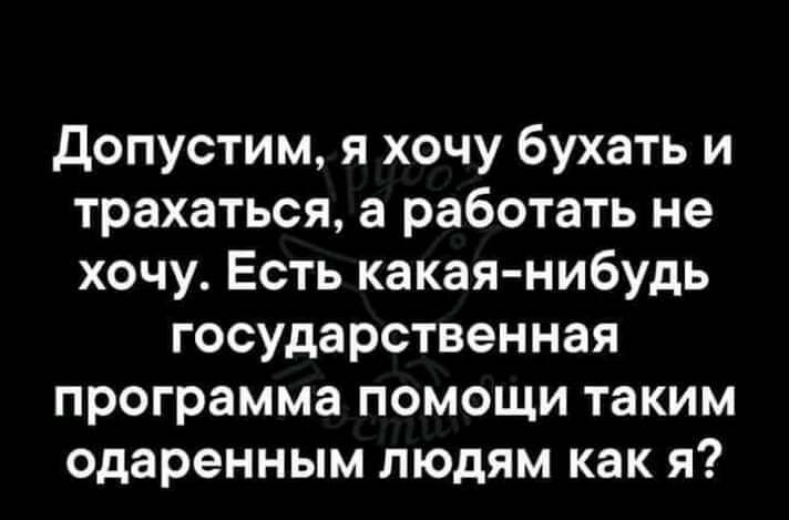 допустим я хочу бухать и трахаться а работать не хочу Есть какаянибудь государственная программа помощи таким одаренным людям как я