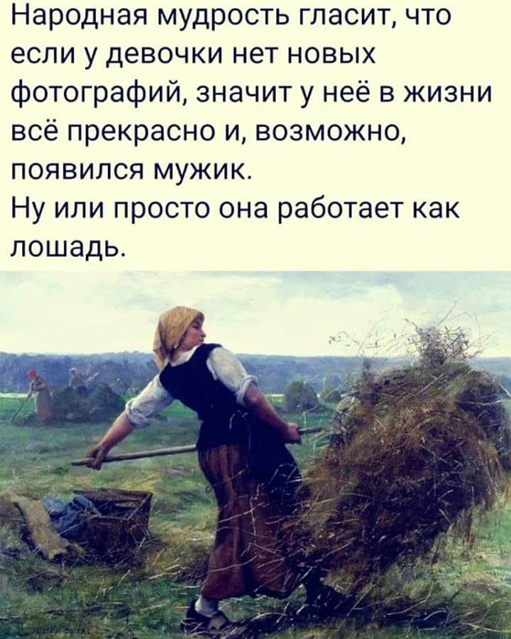 Народная мудрость гласит что если у девочки нет новых фотографий значит у неё в жизни всё прекрасно и возможно появился мужик Ну или просто она работает как лошадь