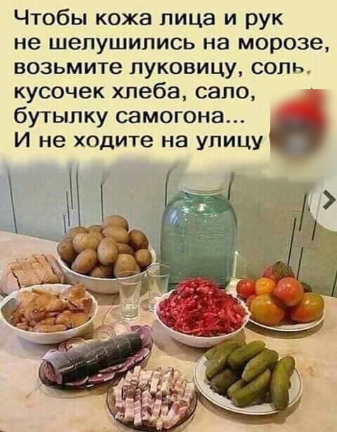 Чтобы кожа лица и рук не шелушились на морозе возьмите луковицу соль кусочек хлеба сало бутылку самогона И не ходите на улицу