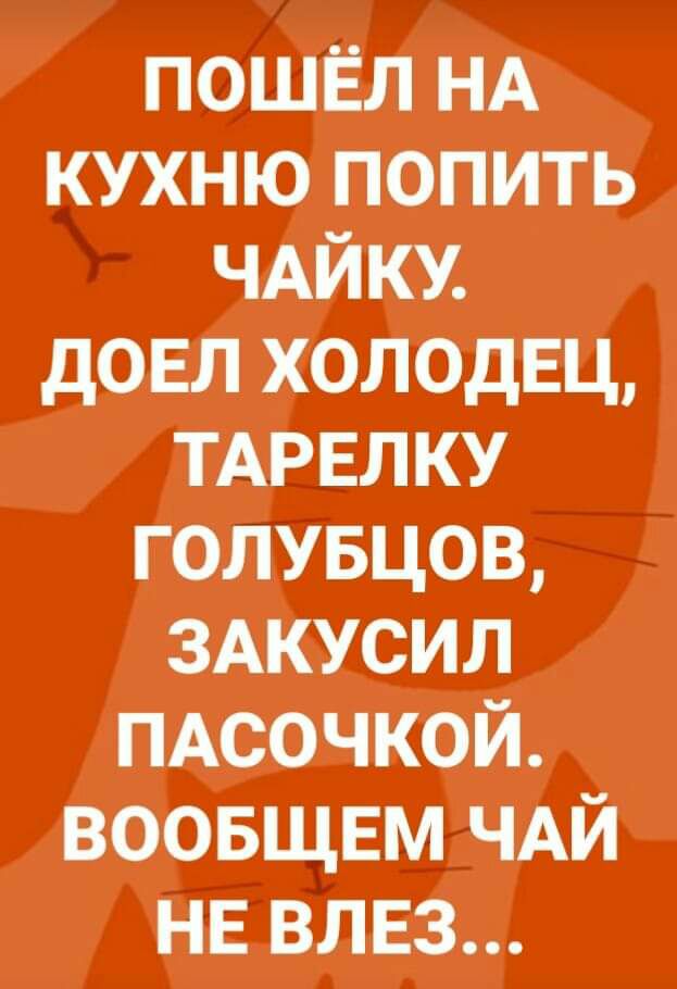 пошЁл НА _ кухню _пепить ЧАЙКЖ дОЕЛ холодщ __тАРЕЛКУ голувцов ЗАкусил пАсочкоАй _ воговщвм ЧАЙ нЕвлЕзд_