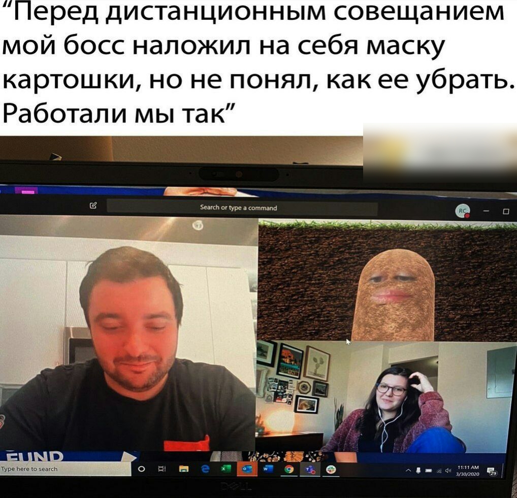 еред дистанционным совещанием мой босс наложил на себя маску картошки но не понял как ее убрать Работали мы так