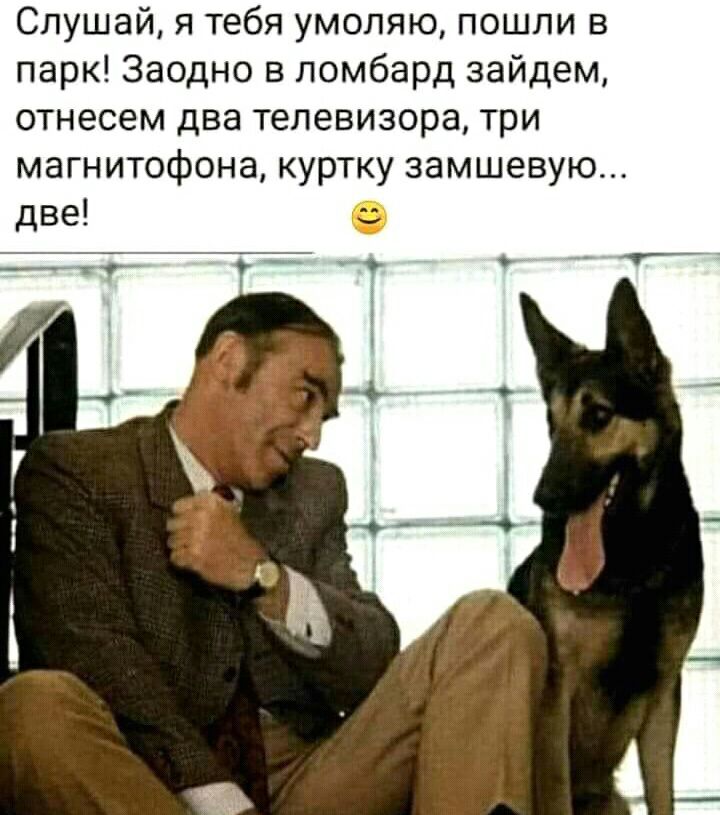 Слушай я тебя умоляю пошли в парк Заодно в ломбард зайдем отнесем два телевизора три магнитофона куртку замшевую две