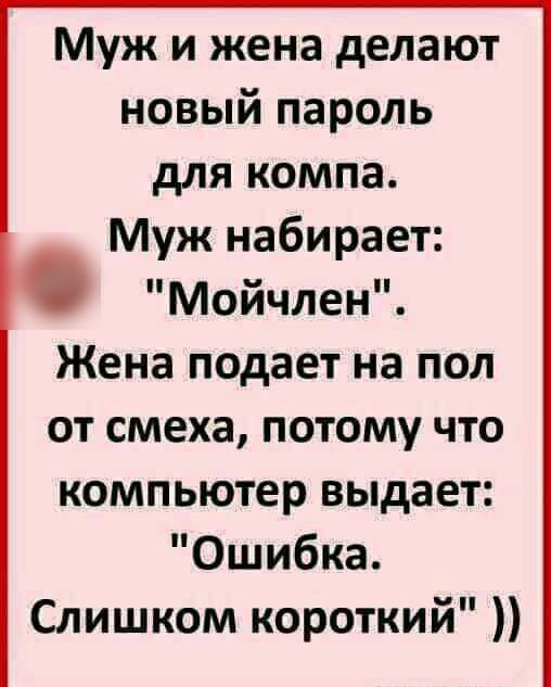 Муж и жена делают новый пароль для компа Муж набирает Мойчлен Жена подает на пол от смеха потому что компьютер выдает Ошибка Слишком короткий