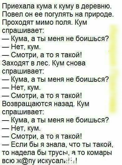 Приехала кума к куму в деревню Повеп он ее погулять на природе Проходят мимо попя Кум спрашивает Кума а ты меня не боишься Нет кум Смотри а то я такой Заходят в лес Кум снова спрашивает Кума а ты меня не боишься Нет кум Смотри а то я такой Возвращаются назад Кум спрашивает Кума а ты меня не боишься Нет кум Смотри а то я такой Если бы я знала что ты такой то надела бы трусы а то комары всю жпу иску