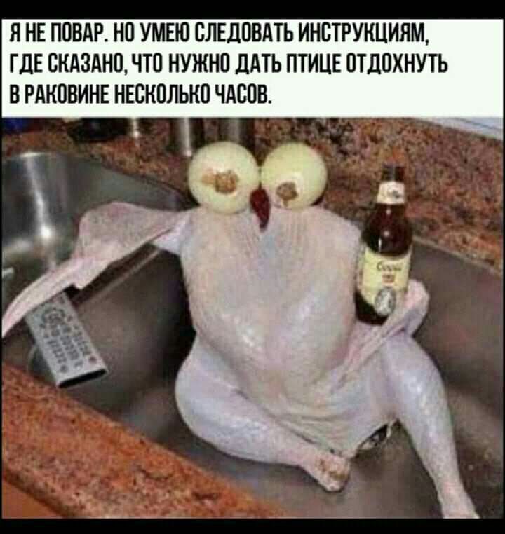 Я НЕ ПОВАР НО УМЕЮ СЛЕДОВАТЬ ИНВТРУНЦИЯМ ГДЕ ОНАЗАНО ЧТО НУЖНО ДАТЬ ПТИЦЕ ОТДОХНУТЬ В РАНОВИНЕ НЕСКОЛЬКО ЧАСОВ