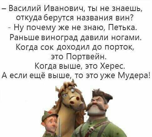 Василий Иванович ты не знаешь откуда берутся названия вин _ Ну почему же не знаю Петька Раньше виноград давили ногами Когда сок доходил до порток это Портвейн Когда выше это Херес А если ещё выше то это уже Мудераі