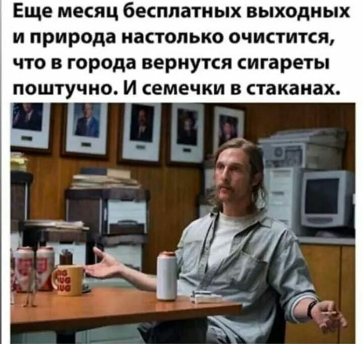 Еще месяц бесплатных выходных и природа настолько очистится что в города вернутся сигареты поштучно И семечки в стаканах