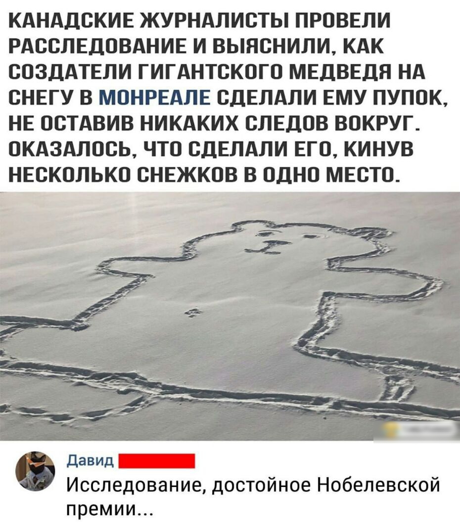 КАНАДСКИЕ ЖУРНАЛИСТЫ ПРОВЕЛИ РАССЛЕДОВАНИЕ И ВЫЯСНИЛИ КАК СОЗДАТЕЛИ ГИГАНТСКОГО МЕДВЕДЯ НА СНЕГУ В МОНРЕАЛЕ СДЕЛАЛИ ЕМУ ПУПОК НЕ ОСТАВИВ НИКАКИХ СЛЕДОВ ВОКРУГ ОКАЗАЛОСЬ ЧТО СДЕЛАЛИ ЕГО КИНУВ НЕСКОЛЬКО СНЕЖКОВ В ОДНО МЕСТО _ давидь А Исследование достойное Нобелевской премии