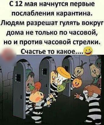 С 12 мая начнутся первые послабления КЗРЗНГИНЗ Людям разрешат гулять вокруг дома не ТОЛЬКО ПО часовой НО и ПРОТИВ часовой стрелки Счастьето какое а