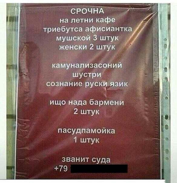 срочнА Х на летни кафе триебутса афисиантка мушской 3 штук женски 2 штук каМУнапизасрний шустри сознание рускт язик ищо нада бармени 2 штук пасудпамойка 1 штук званит суда 79