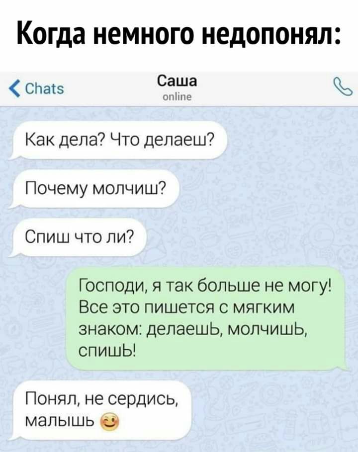 Когда немного недопонял СПатз Саша опішс Как дела Что делаеш Почему молчиш Спиш что ли Господи я так больше не могу Все это пишется с мягким знаком делаешь молчишь спишЬ Понял не сердись малышь