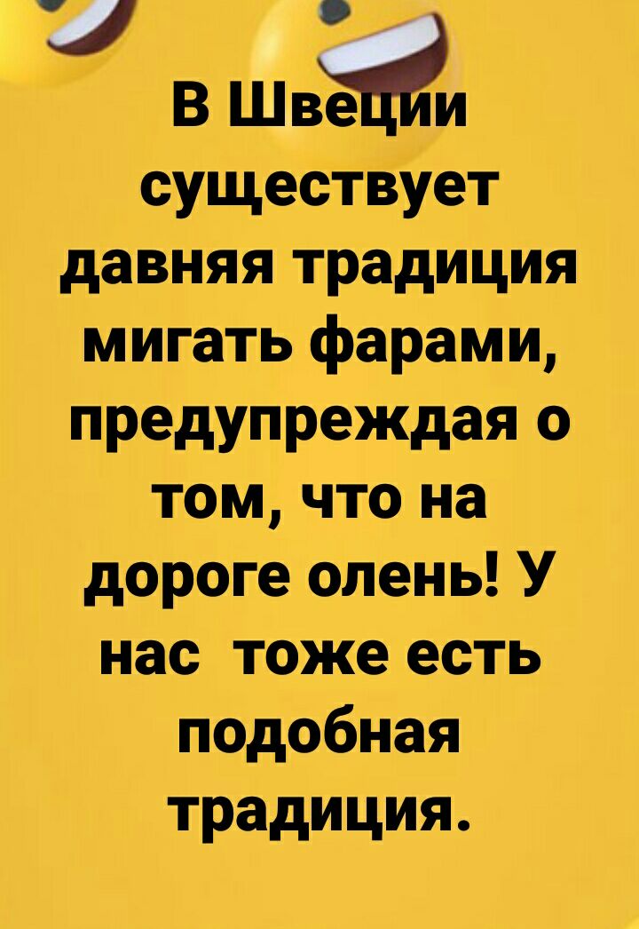 Т В Швійи существует давняя традиция мигать фарами предупреждая о том что на дороге олень У нас тоже есть подобная традиция