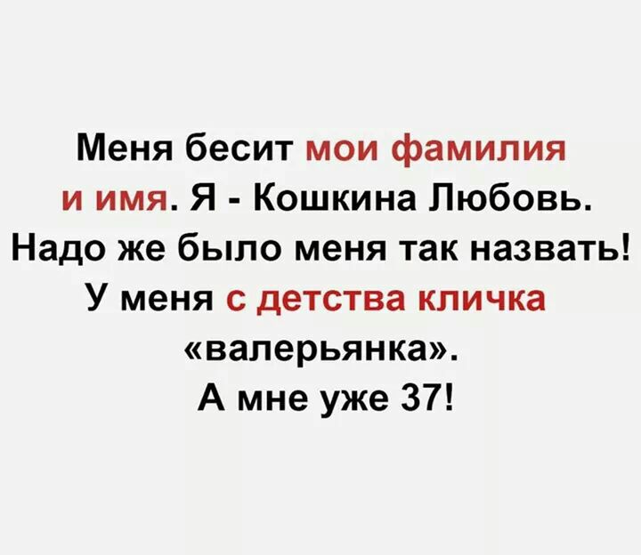 Меня бесит мои фамилия и имя Я Кошкина Любовь Надо же было меня так назвать У меня с детства кличка валерьянка А мне уже 37