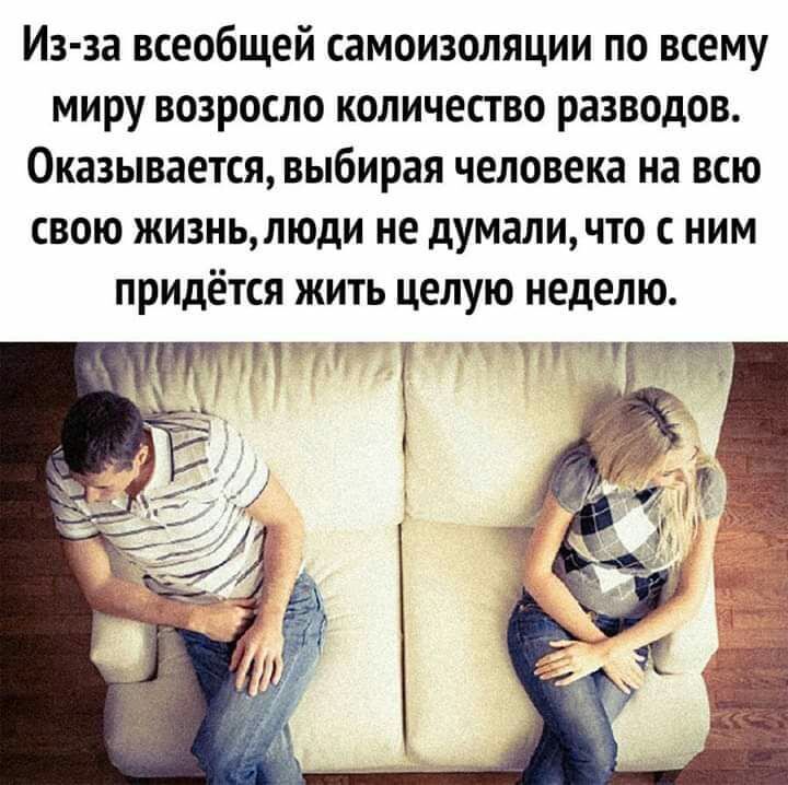 Из за всеобщей самоизоляции по всему миру возросло количество разводов Оказывается выбирая человека на всю свою жизньлюди не думали что с ним придётся жить целую неделю Г