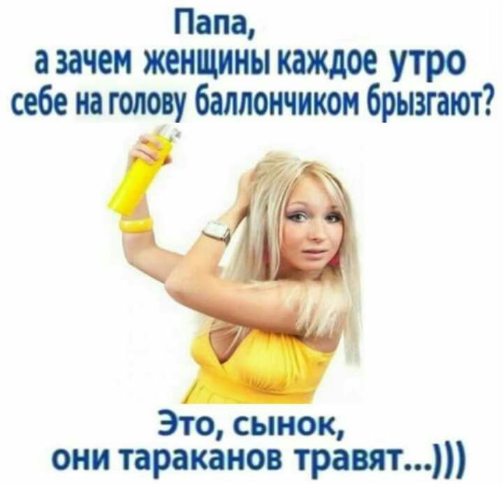 Папа а зачем женщины каждое утро себе на голову баллончиком брызгают Это сынок они тараканов травят