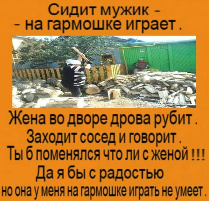 Сидит мужик на гармошке играет Жена во дворе дрова рубит Заходит сосед и говорит _ Ты б поменялся что ли с женои Да я бы с радостью но онауменя на гармошке играть не умеет