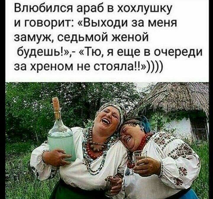 Влюбился араб в хохлушку и говорит Выходи за меня замуж седьмой женой будешь Тю я еще в очереди за хреном не стояла