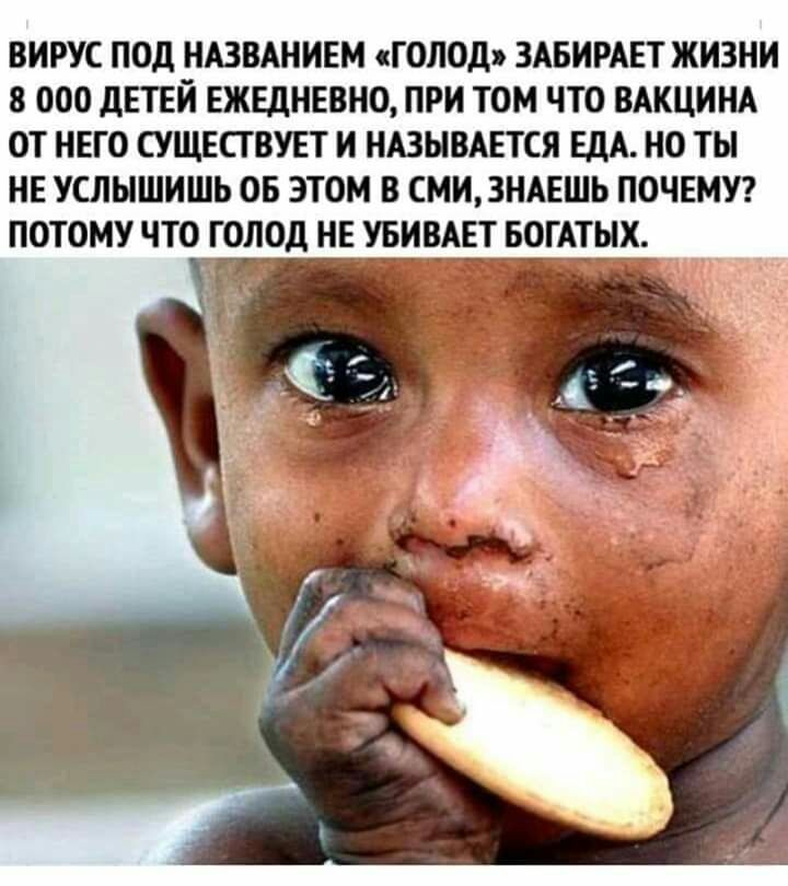 ВИРУС ПОД НАЗВАНИЕМ сГОЛОДэ ЗАБИРАЕТ ЖИЗНИ 8 ООО ДЕТЕЙ ЕЖЕДНЕВНО ПРИ ТОМ ЧТО ВАКЦИНА ОТ НЕГО СУЩЕСТВУЕТ И НАЗЫВАЕТСЯ ЕДА НО ТЫ НЕ УСЛЫШИШЬ ОБ ЭТОМ В СМИ3НАЕШЬ ПОЧЕМУ ПОТОМУ ЧТО ГОЛОд НЕ УБИВАЕТ БОГАТЫХ г