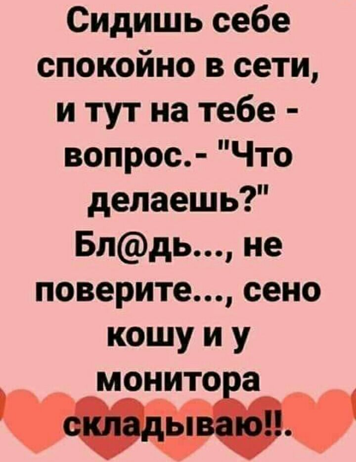 Сидишь себе спокойно в сети и тут на тебе вопрос Что делаешь Блдь не поверите сено кошу и у монито а ЩЩГ