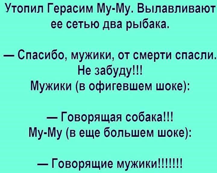 Утопип Герасим Му Му Выпавливают ее сетью два рыбака Спасибо мужики от смерти спасли Не забуду Мужики в офигевшем шоке Говорящая собака Му Му в еще большем шоке Говорящие мужики