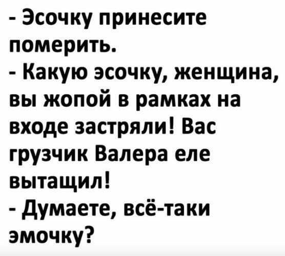 Эсочку принесите померить Какую эсочку женщина вы жопой в рамках на входе застряли Вас грузчик Валера еле вытащил думаете всё таки эмочку