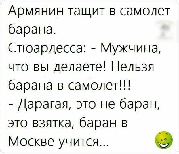 Армянин тащит в самолет барана Стюардесса Мужчина что вы делаете Нельзя барана в самолет Дарагая это не баран это взятка баран в Москве учится в
