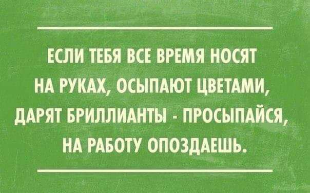 ЕСЛИ ТЕБЯ ВСЕ ВРЕМЯ НОСЯТ НА РУКАХ ОСЫПАЮТ ЦВЕТАМИ дАРЯТ БРИЛЛИАНТЫ ПРОСЫПАЙСЯ НА РАБОТУ ОПОЗдАЕШЬ