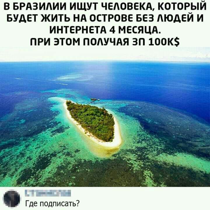 В БРАЗИАИИ ИЩУТ ЧЕАОВЕКА КОТОРЫЙ БУДЕТ ЖИТЬ НА ОСТРОВЕ БЕЗ АЮДЕЙ И ИНТЕРНЕТА 4 МЕСЯЦА ПРИ ЭТОМ ПОАУЧАЯ ЗП 1ООК __ и подписать