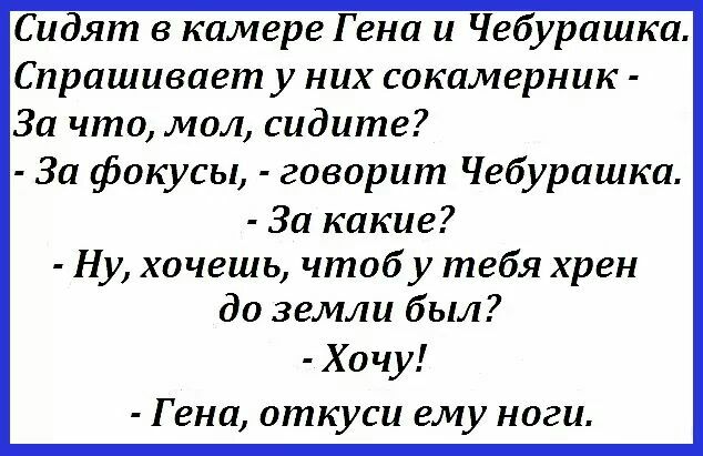 Сидят камере Гена и Чебурашка Спрашивает у них сокамерник За что мол сидите За фокусы говорит Чебурашка За какие Ну хочешь чтобу тебя хрен до земли был Хочу Гена откуси ему ноги